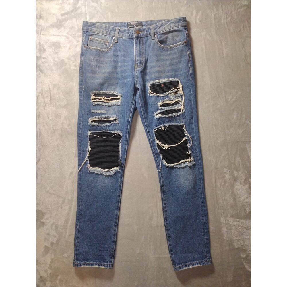 Streetwear Distressed Patch Work Mens 33×32 Straight Jeans By Forever 21